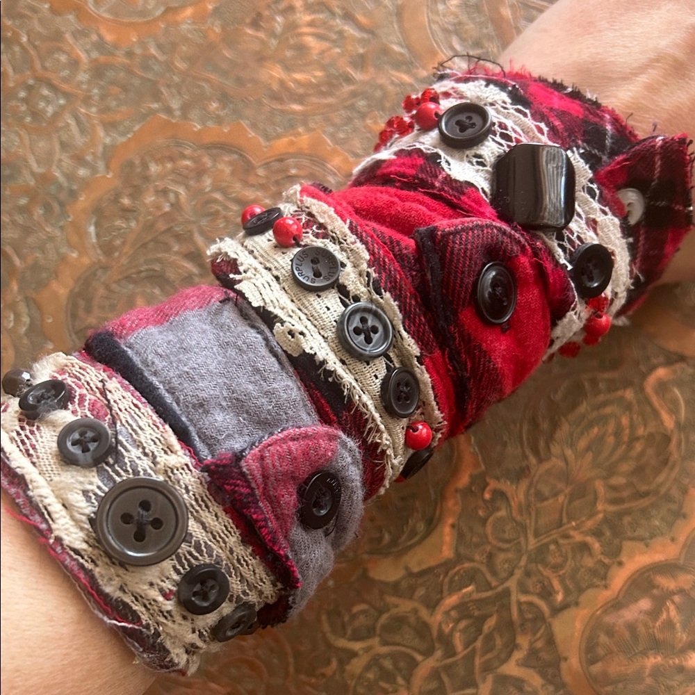 Handmade upcycled stackable lace bead and button flannel fabric wrap bracelets